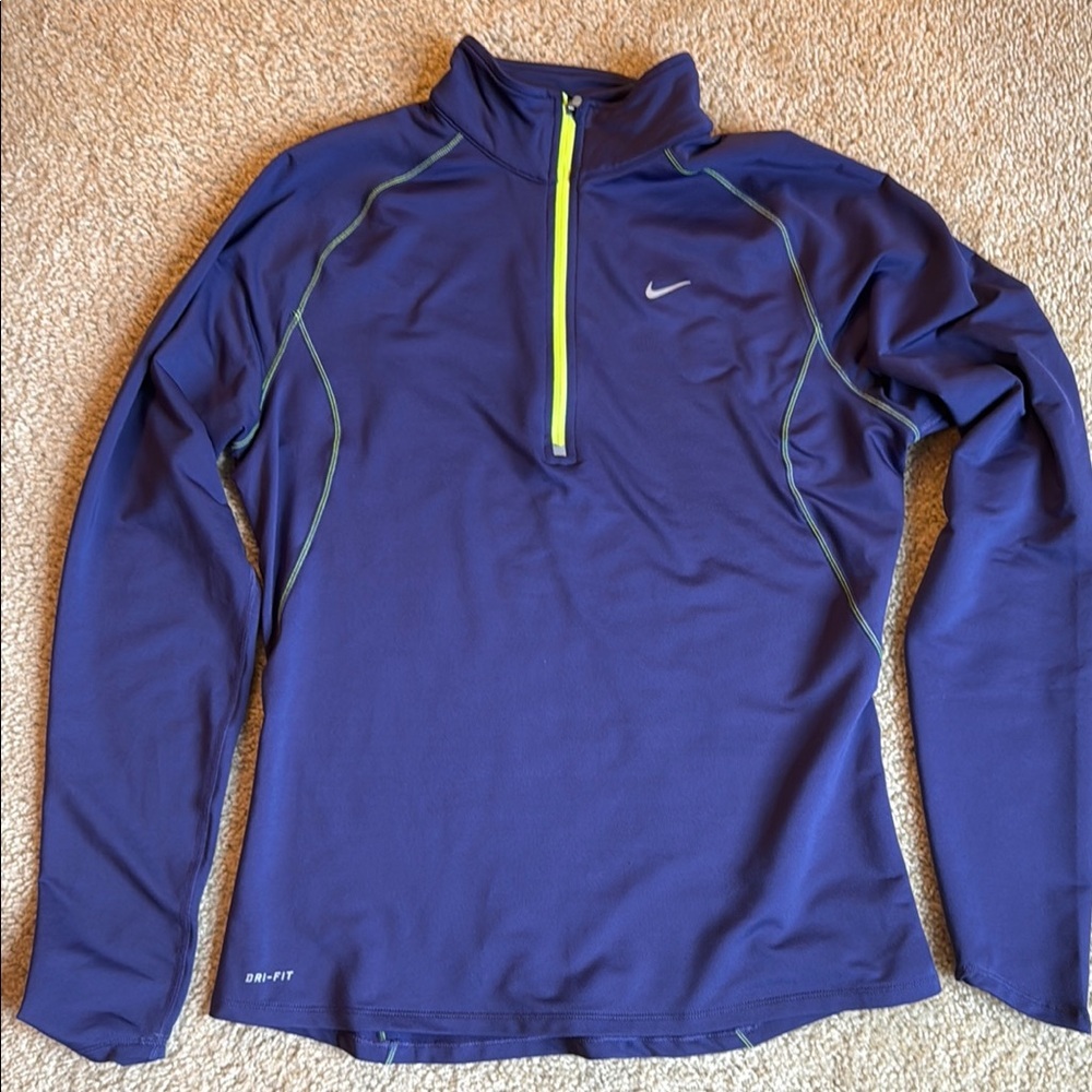 Nike women’s purple neon yellow half zip Long Sleeve Dri-FIT Top shirt large